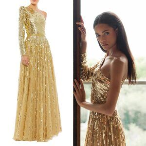 Mac Duggal 5508 Size 16 Gold One Shoulder Sequined Beaded Long Maxi Gown Dress